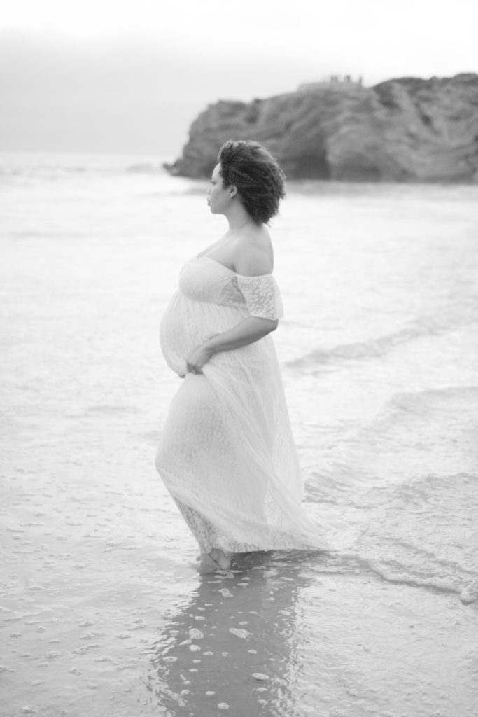 Maternity Beach Session, Orange County, CA.  Tiffany Chi Photography.  Light & Airy Black and White.  Maternity Lace Gown.